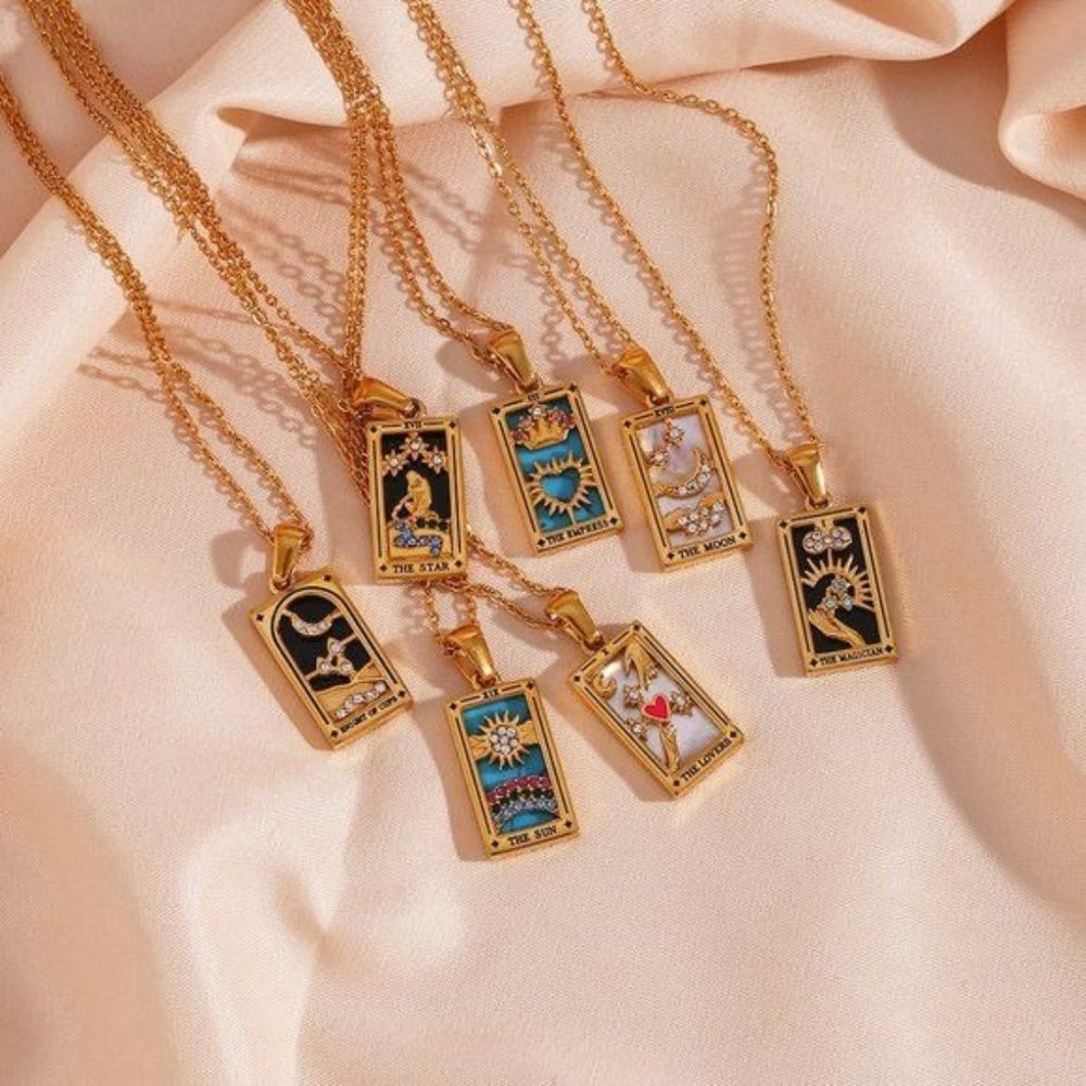 Sun Tarot Card Pendant Necklace 18K Gold Enamel Rectangle Stainless Steel - Picture 6 of 9
